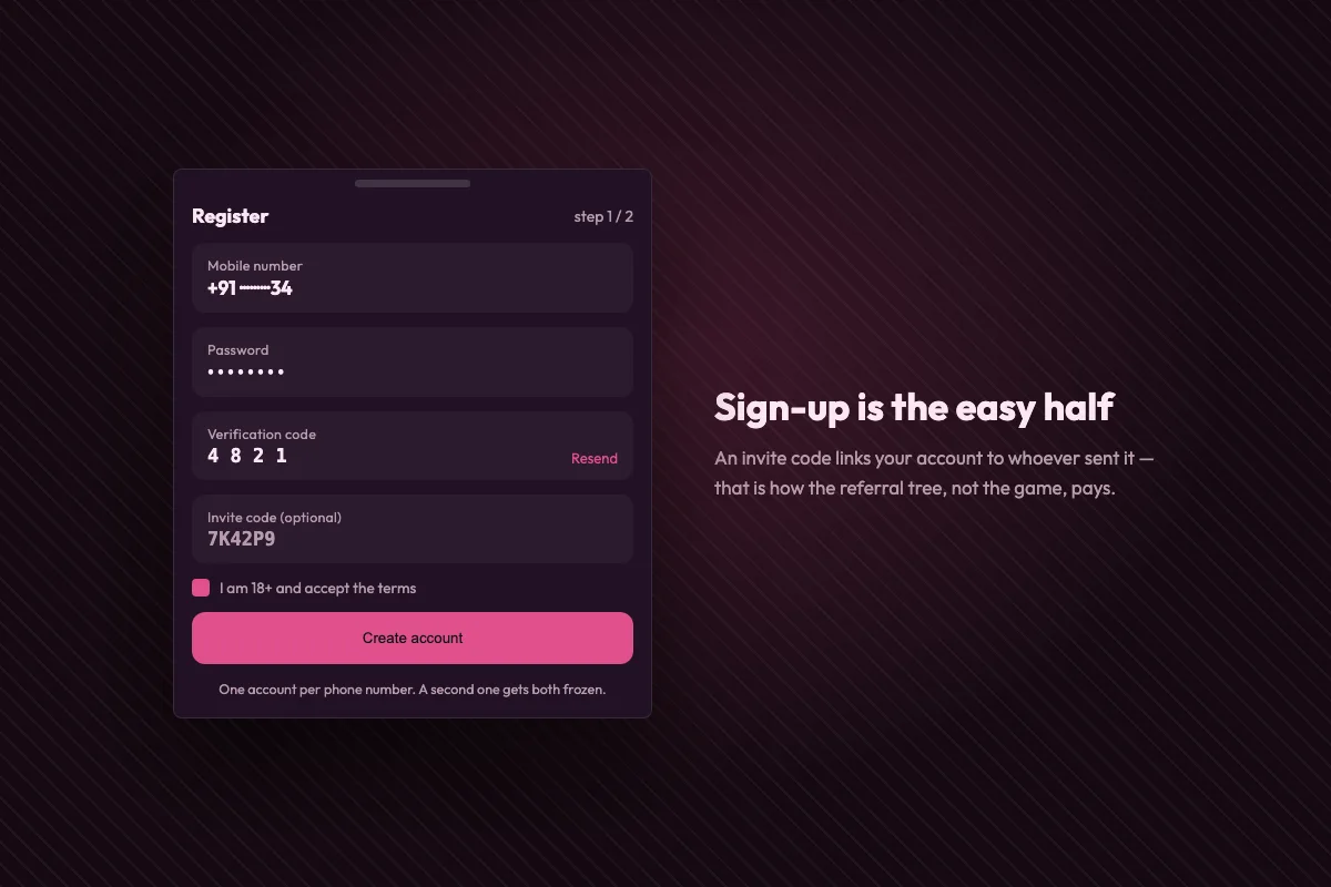 Registration screen with mobile number, password, verification code and invite code fields